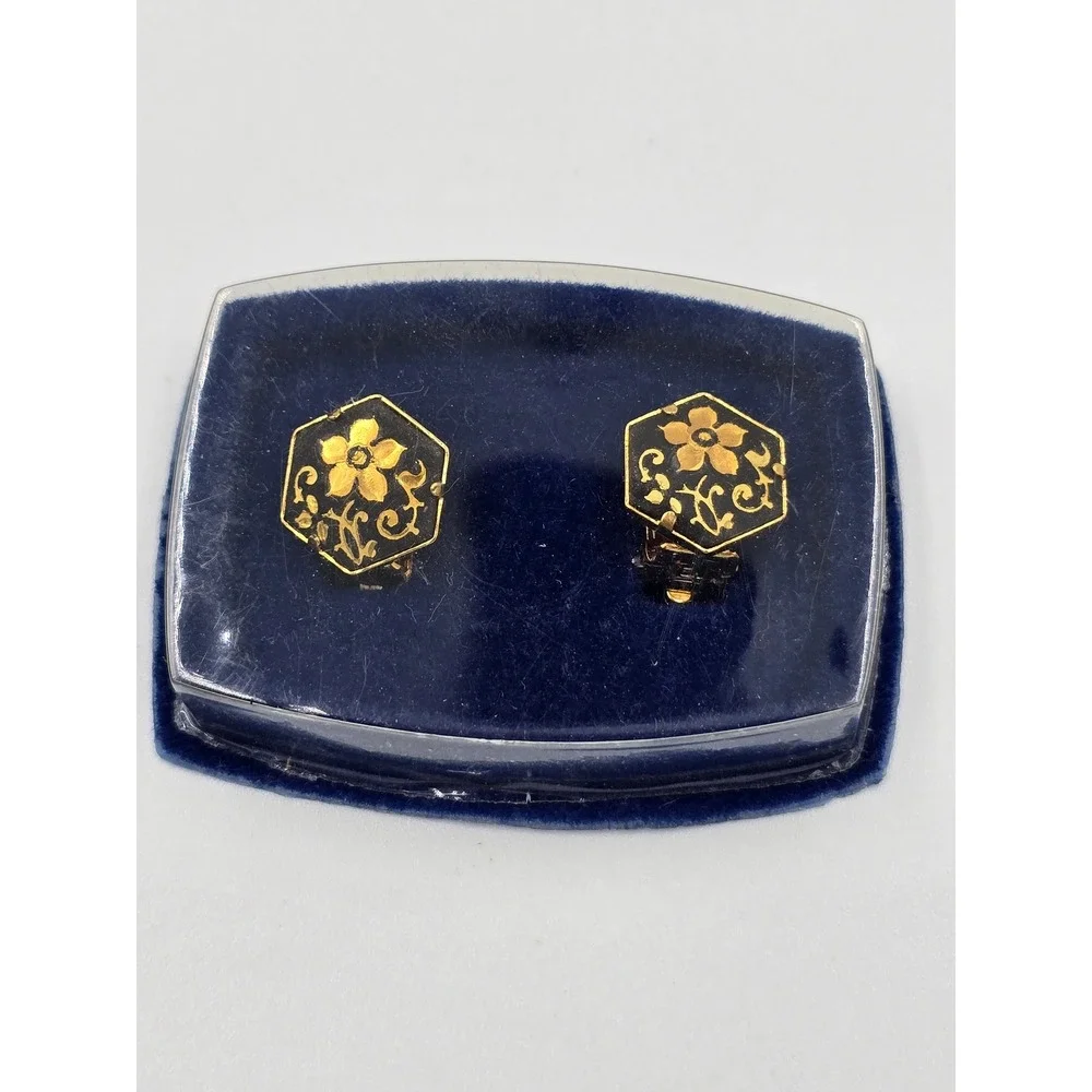 Vintage‎ Damascene Black GoldFloral Hexagon Clip-On Earrings Gold Tone Metal